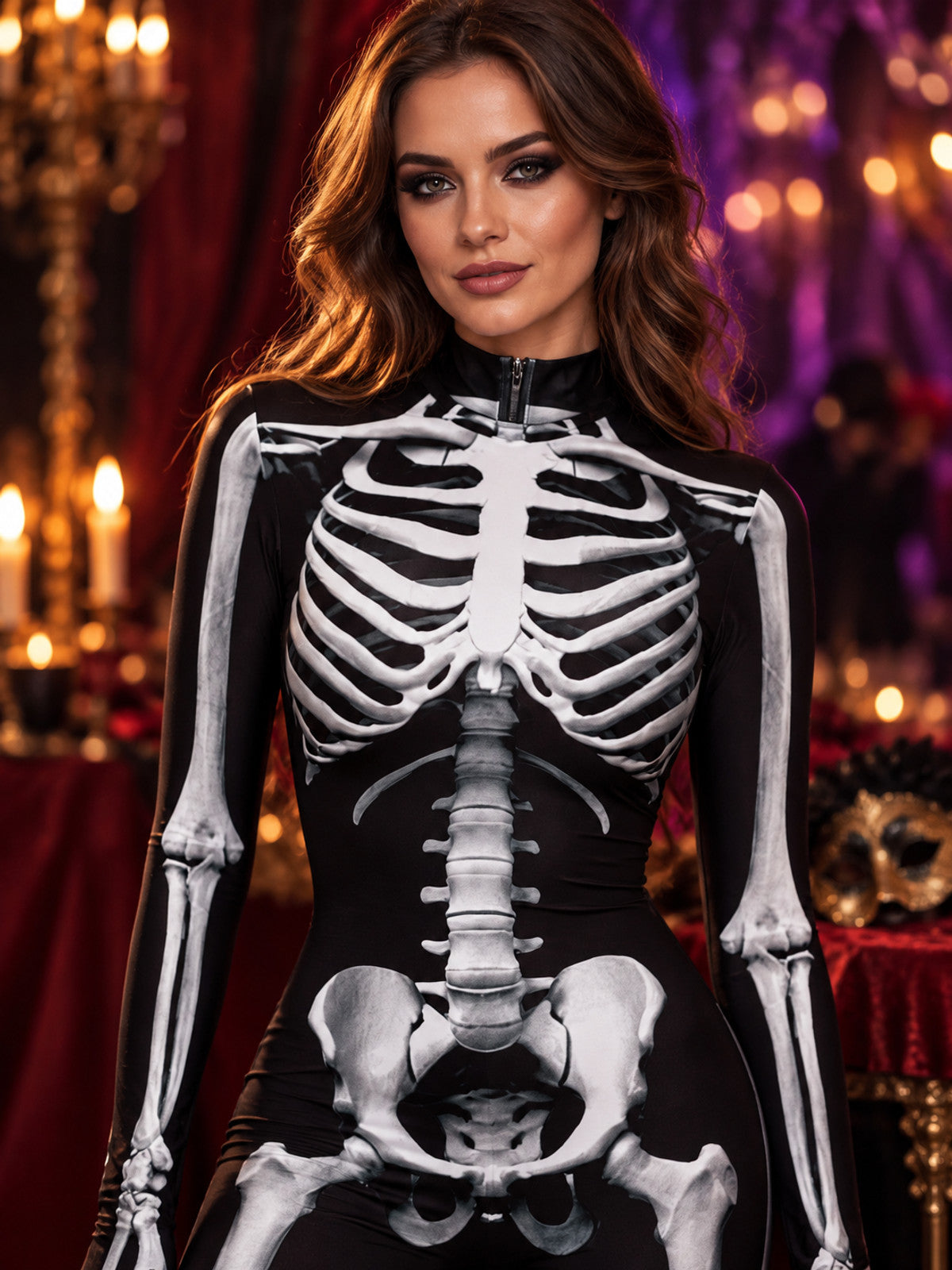 Black and White Skeleton Jumpsuit Costume with Print and Zipper