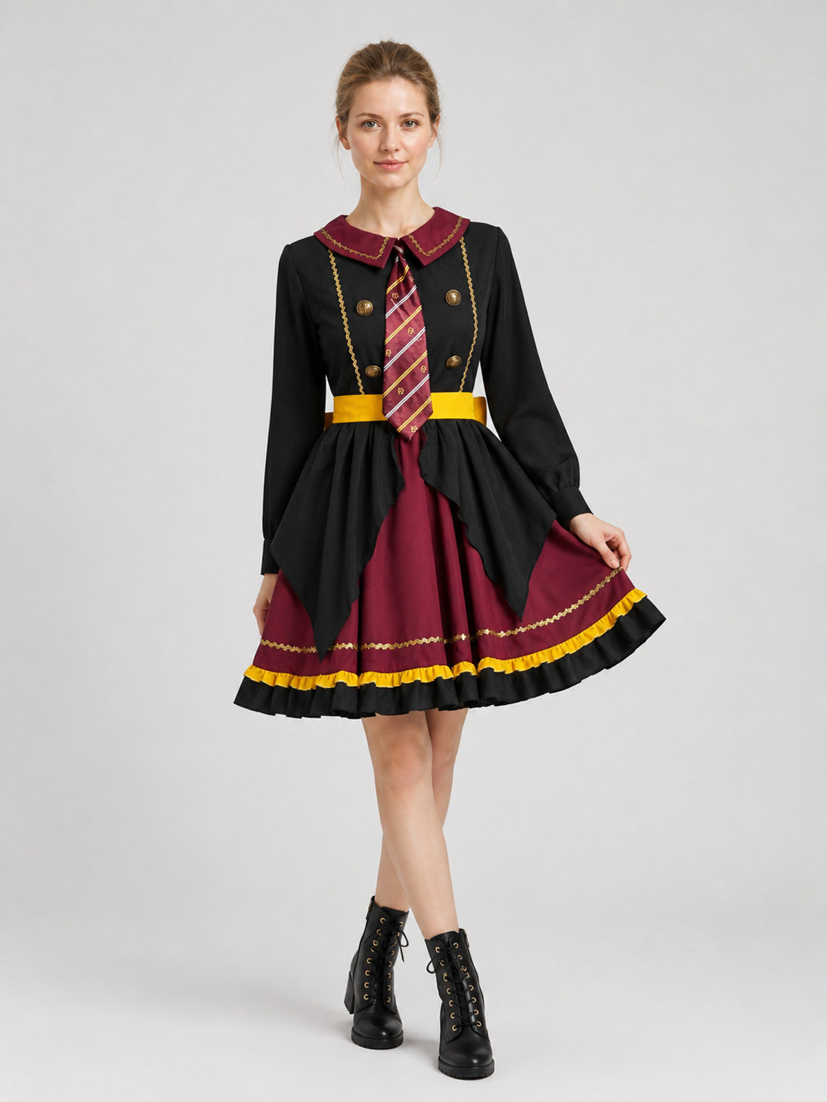 Dress with a Collar, Gold Buttons, and Ruffles