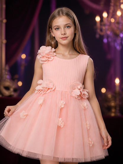 Baby Girls' Pink Princess Tulle Dress With 3D Flower Decorations on-model view