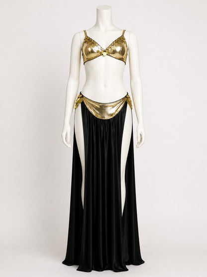 Adult Egyptian Queen Two-Piece Halloween Costume, Gold-Decorated Top and on-model view