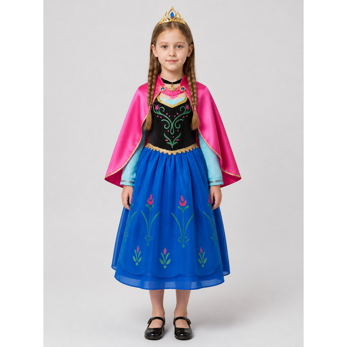 Children’s princess costume with cape, wig, and crown on-model view