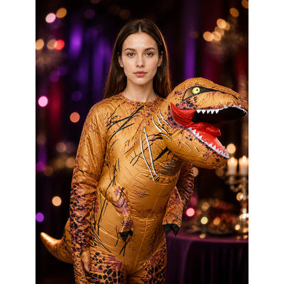 Adult T-Rex Dinosaur Costume, Orange Brown Spotted Bodysuit for Halloween on-model view