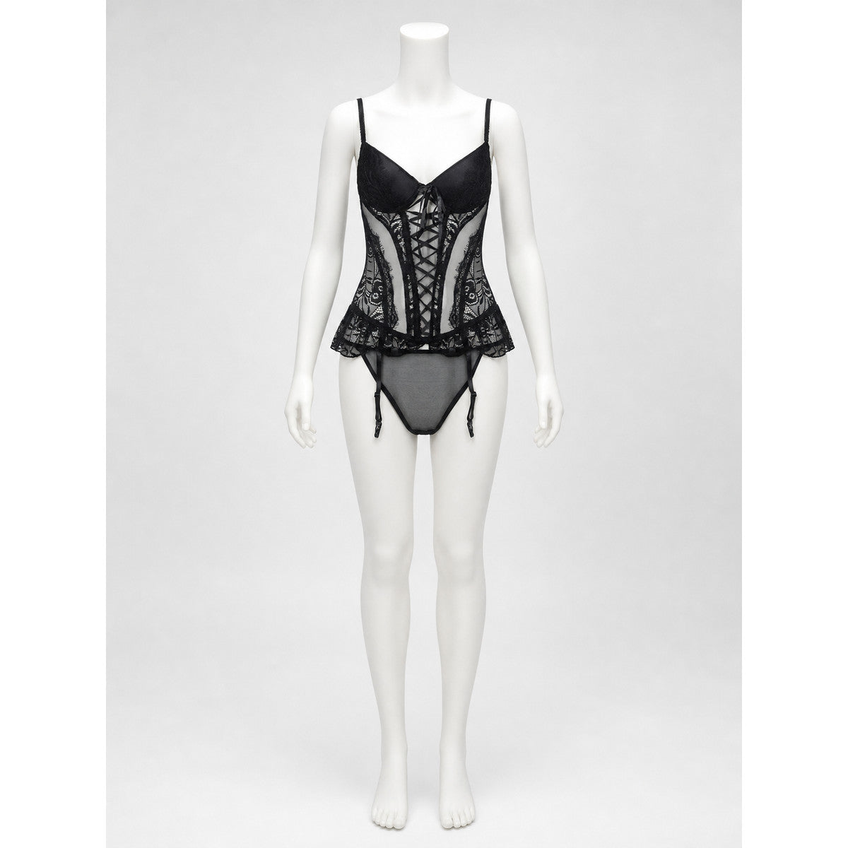 Erotic Bodysuit with Lace Pattern and Garters front view