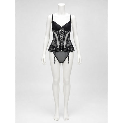 Erotic Bodysuit with Lace Pattern and Garters front view