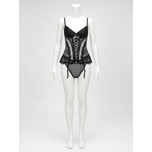 Erotic Bodysuit with Lace Pattern and Garters front view