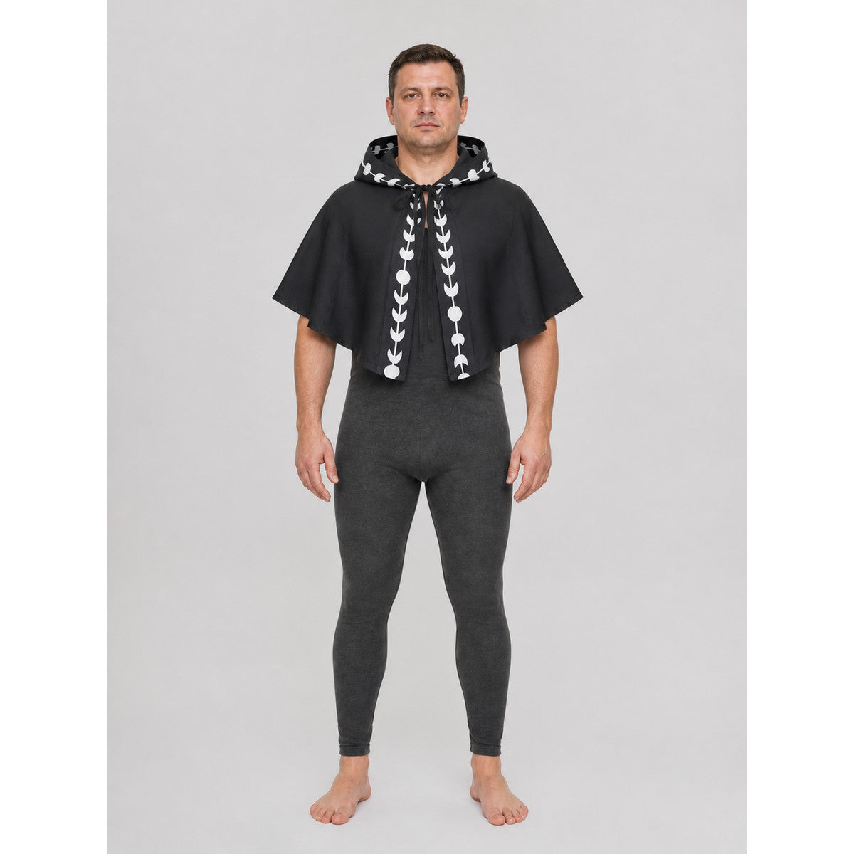 Black and White Hooded Cape with Moon Phases for Halloween on-model view