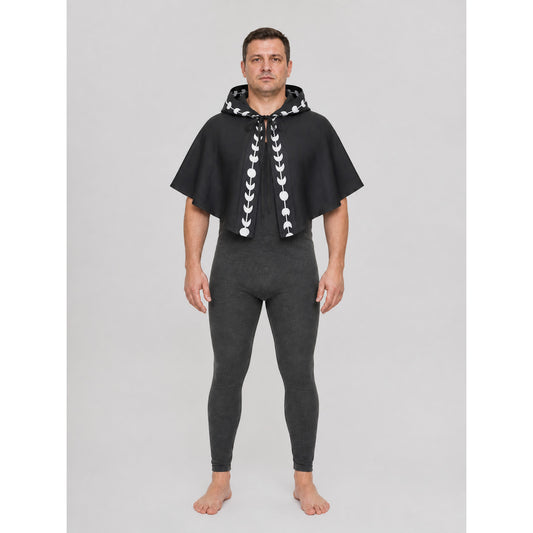 Black and White Hooded Cape with Moon Phases for Halloween on-model view