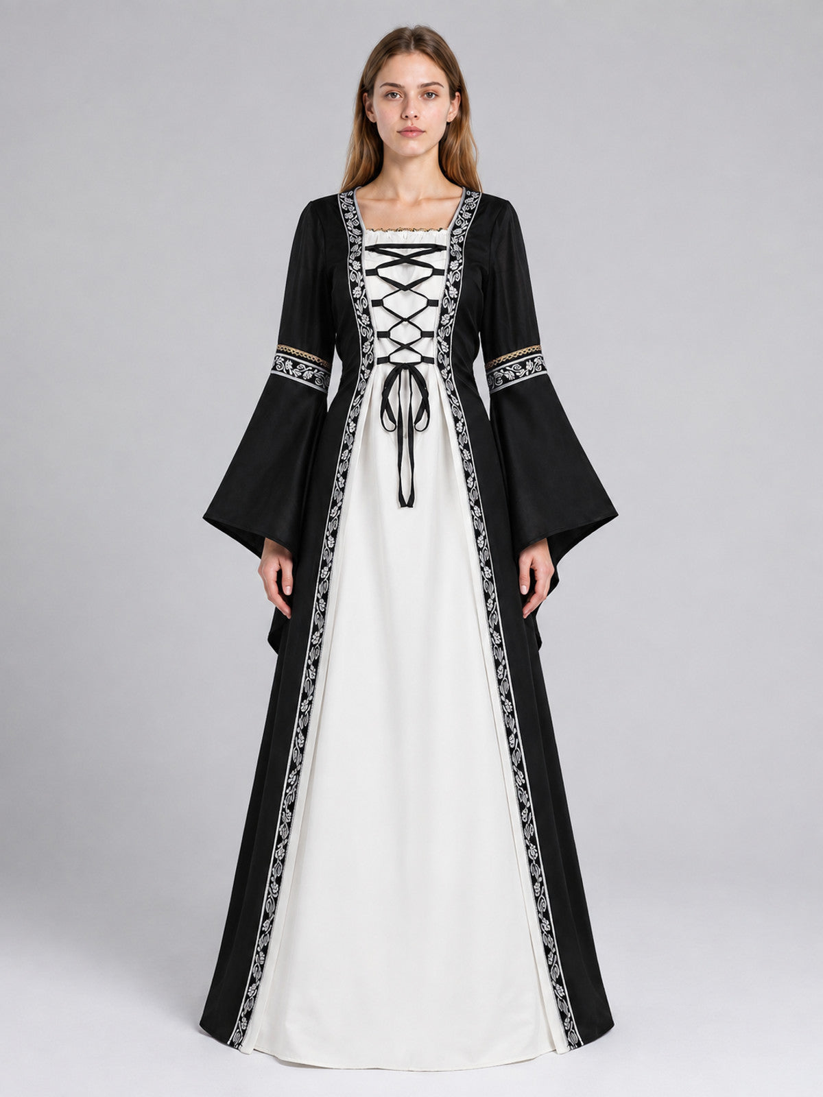 Black Medieval Dress with White Panel on-model view