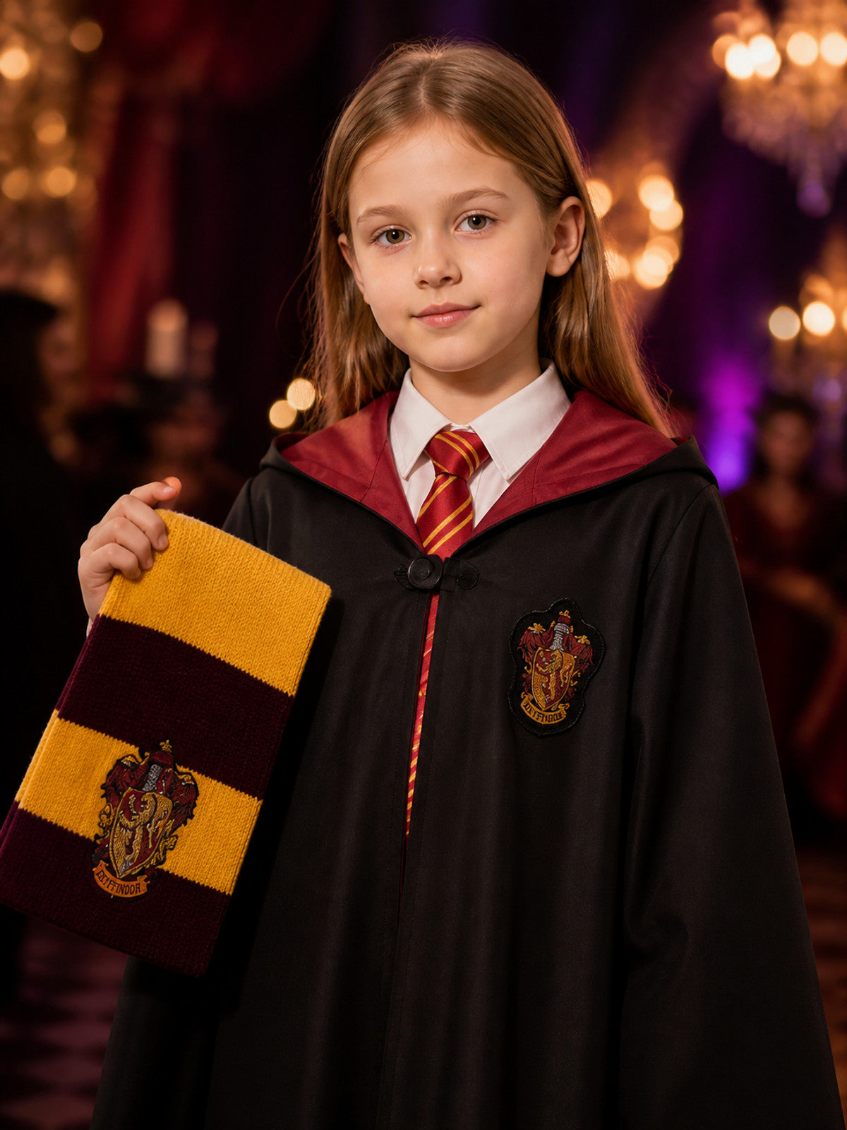 Kids Hooded Wizard Robe Costume Set, Burgundy And Yellow, With Tie And Scarf on-model view
