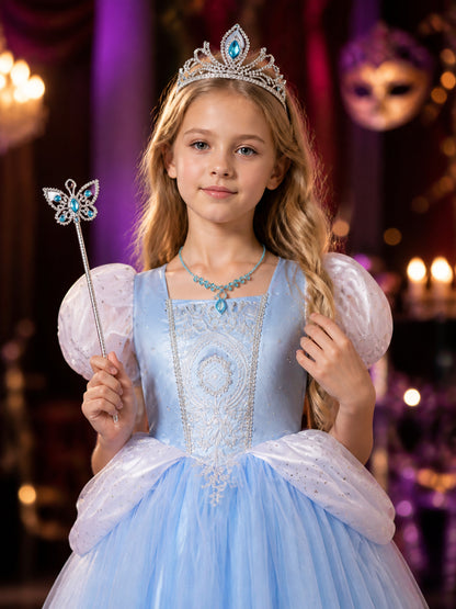 Girls Cinderella Princess Dress Costume Set, Light Blue Ball Gown with Tiara on-model view
