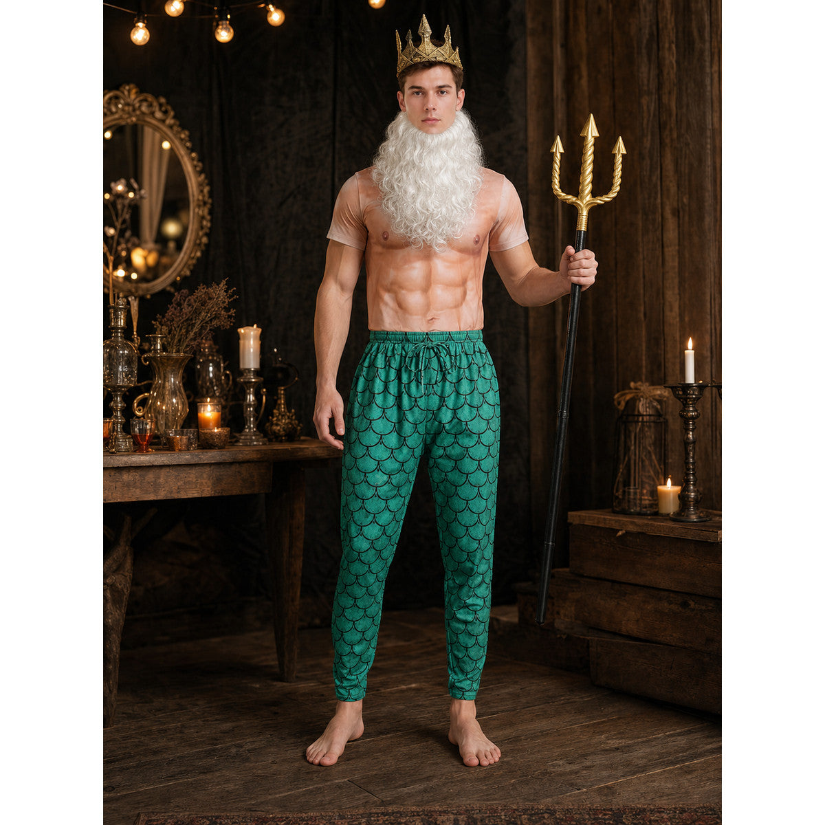 Adult Sea King Fantasy Costume Set XXXL, Short Sleeve Muscle Print Top, Green Scale Pattern Pants, Crown, Beard And Trident