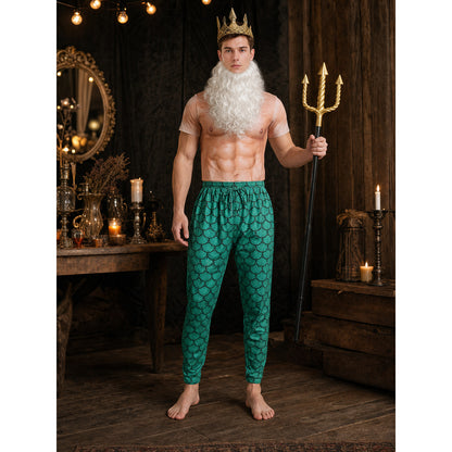 Adult Sea King Fantasy Costume Set XXXL, Short Sleeve Muscle Print Top, Green Scale Pattern Pants, Crown, Beard And Trident