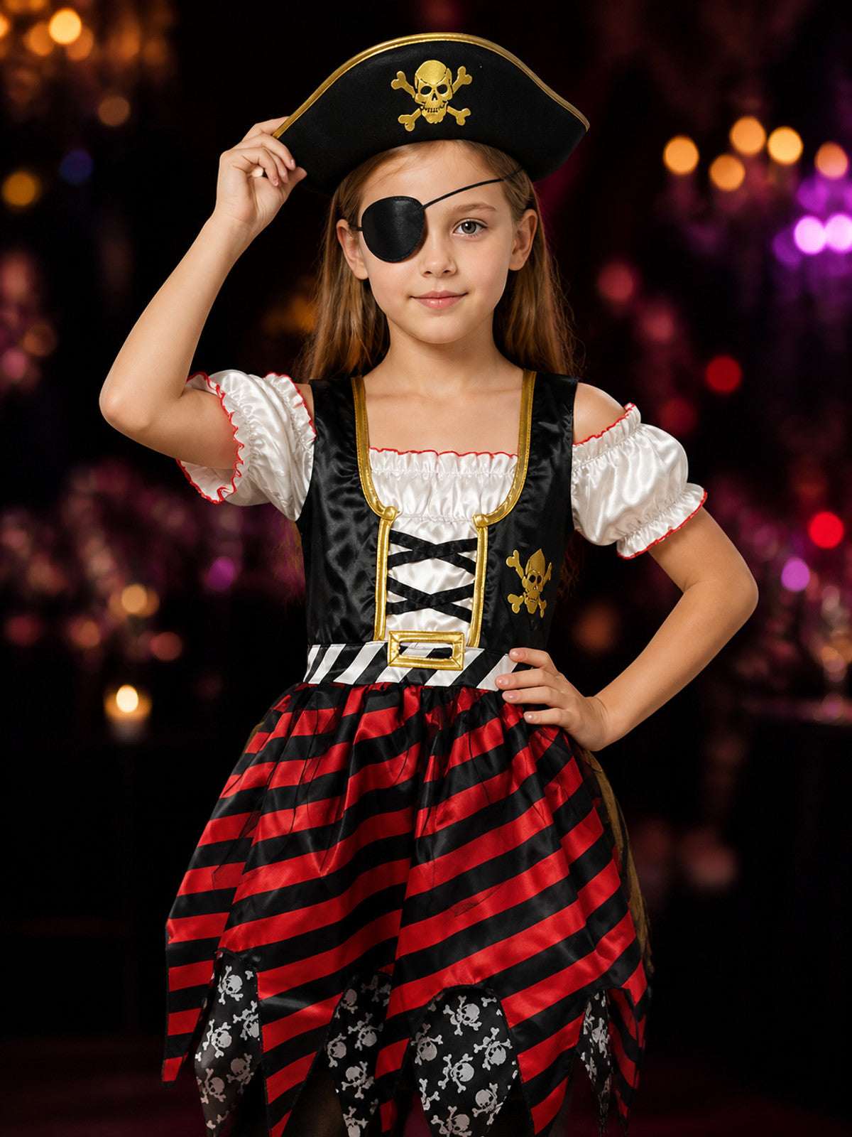 Kids Pirate Costume Dress Set with Hat & Eye Patch - Striped Skull Halloween on-model view