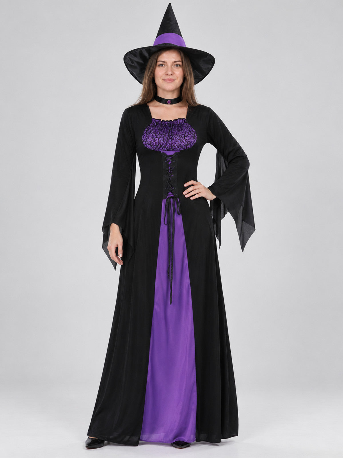 Black Witch Costume with Purple Inserts, Dress and Hat