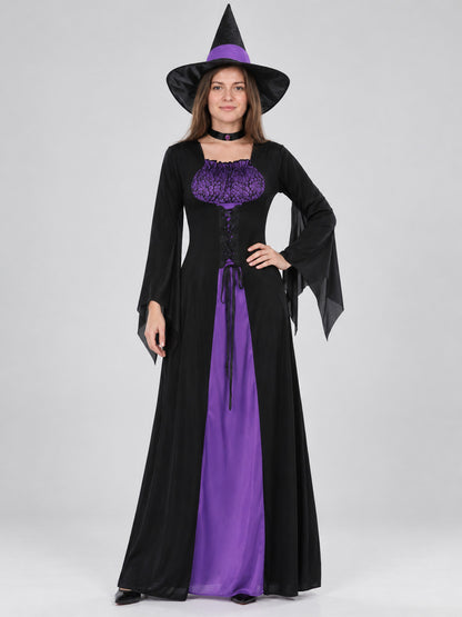 Black Witch Costume with Purple Inserts, Dress and Hat