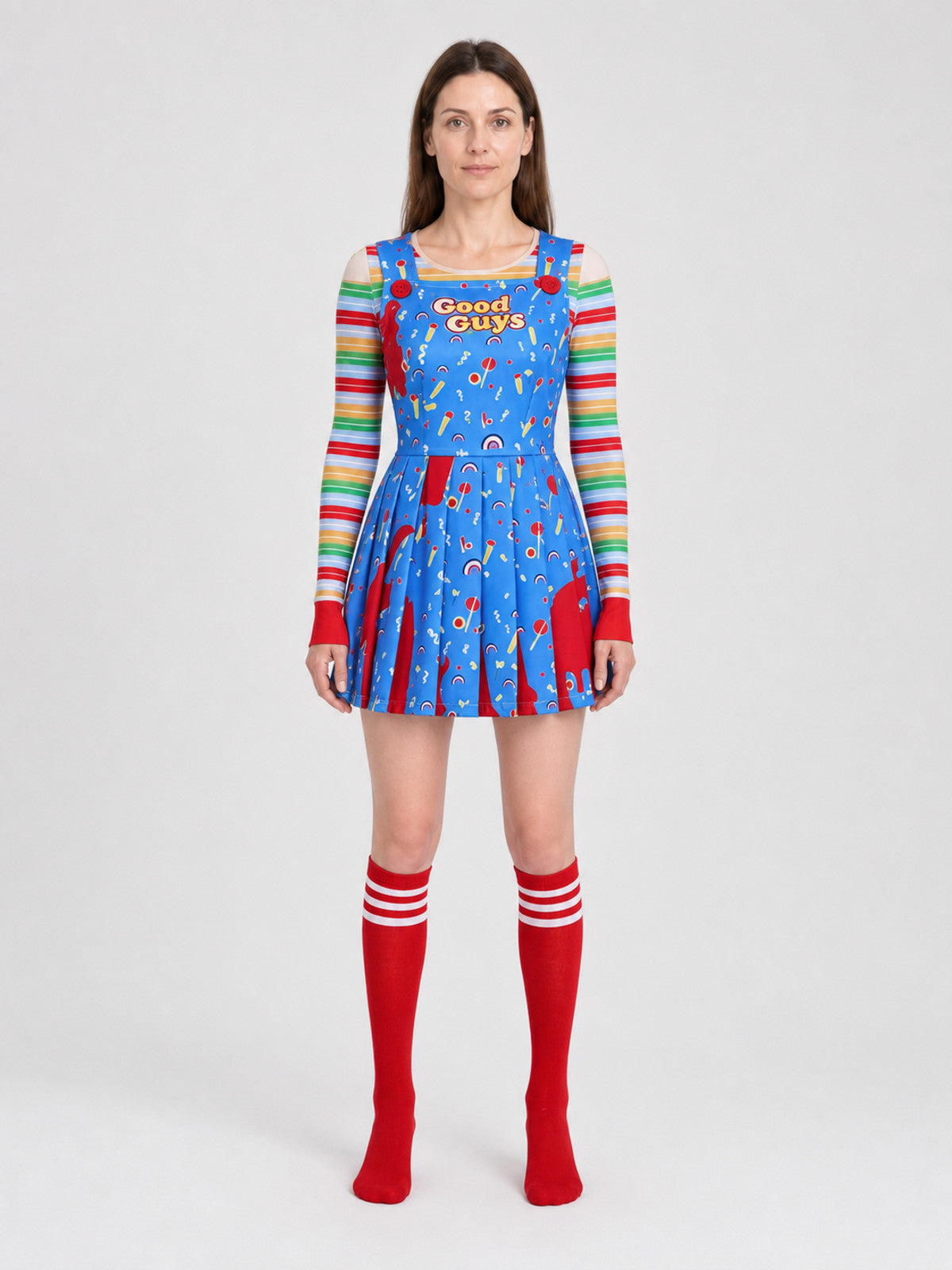 Chucky Halloween Cosplay Costume: Dress and Knee-High Socks on-model view