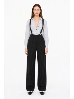 Women's Pinstripe Gangster Costume Set with Striped Shirt, Pants, Suspenders, Fedora Hat & Money Bag