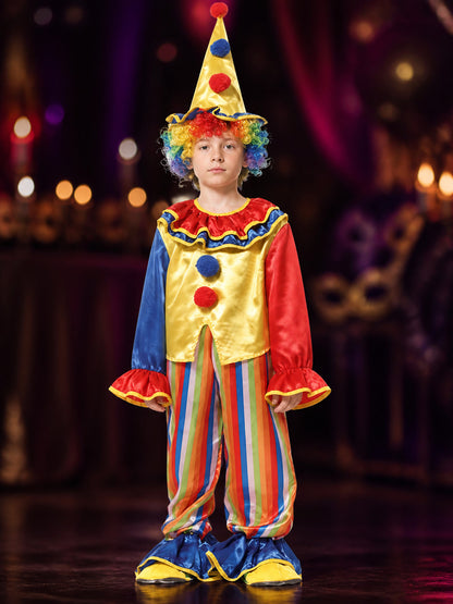 Kids' Colorful Clown Circus Costume Set with Ruffle Top, Pants and Pointed Hat on-model view