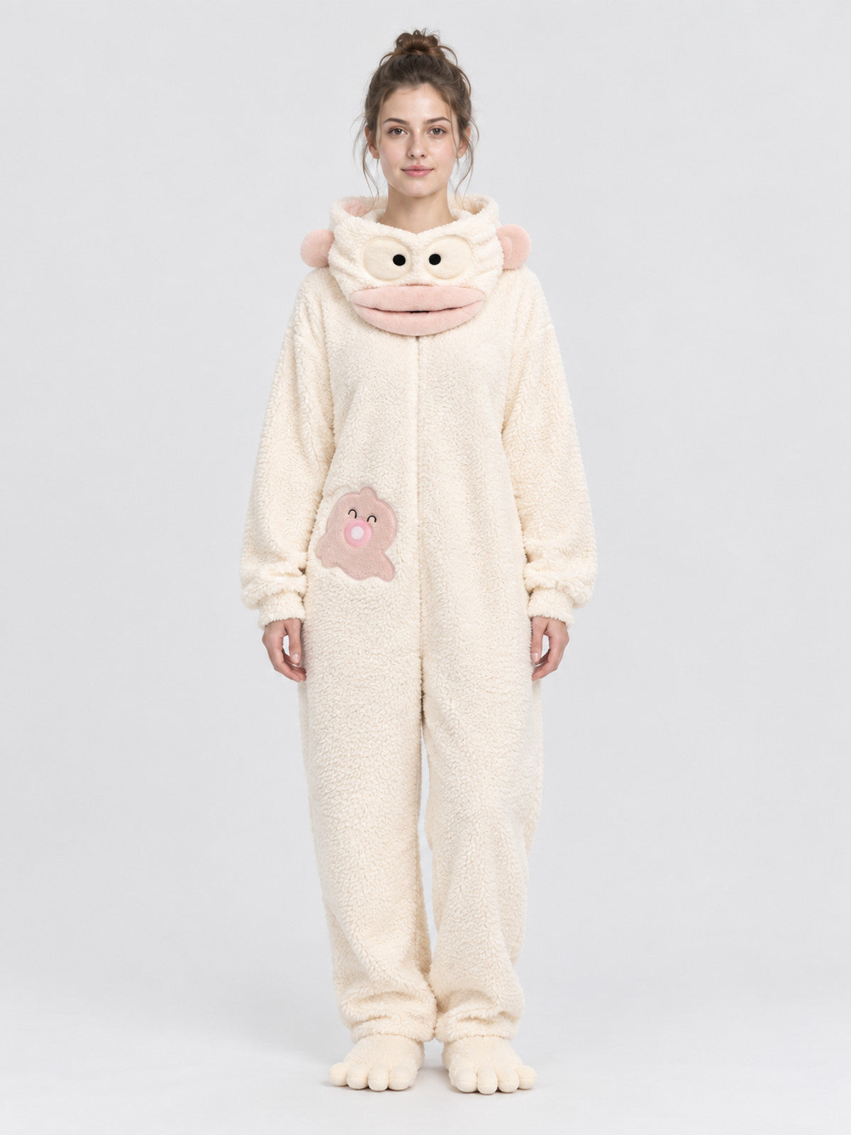 Coral fleece hooded pajama jumpsuit with ears