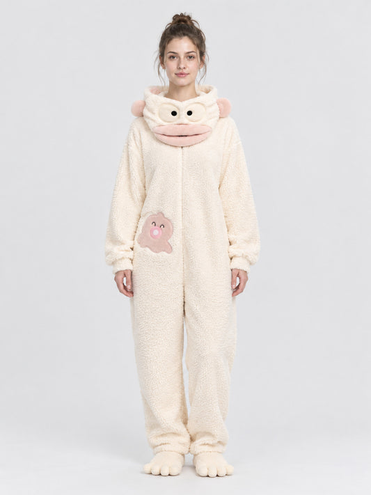 Coral fleece hooded pajama jumpsuit with ears