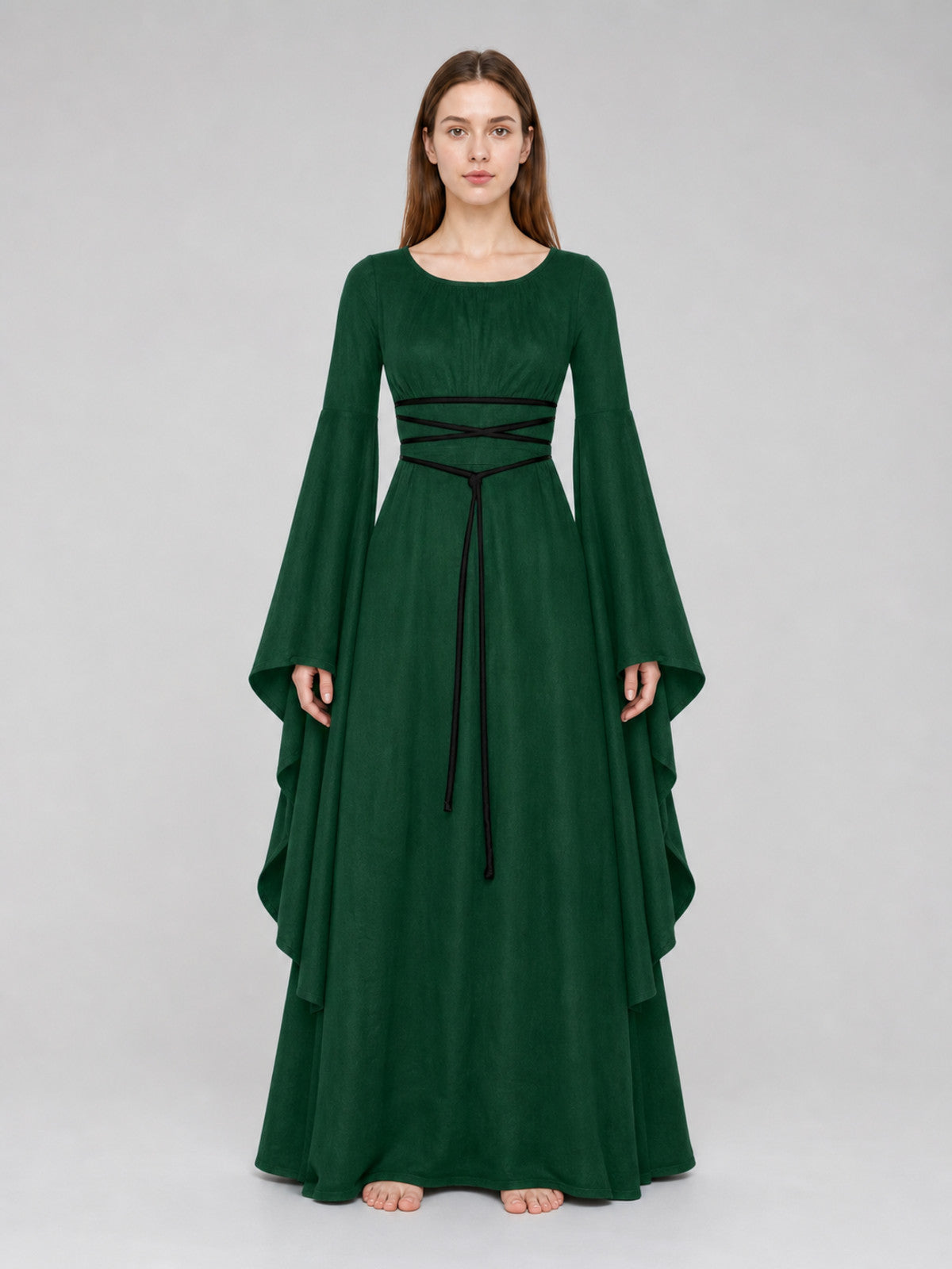 Floor-Length Dress with Sleeves and Waist Lacing front view