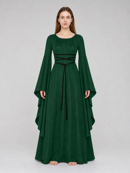 Floor-Length Dress with Sleeves and Waist Lacing front view