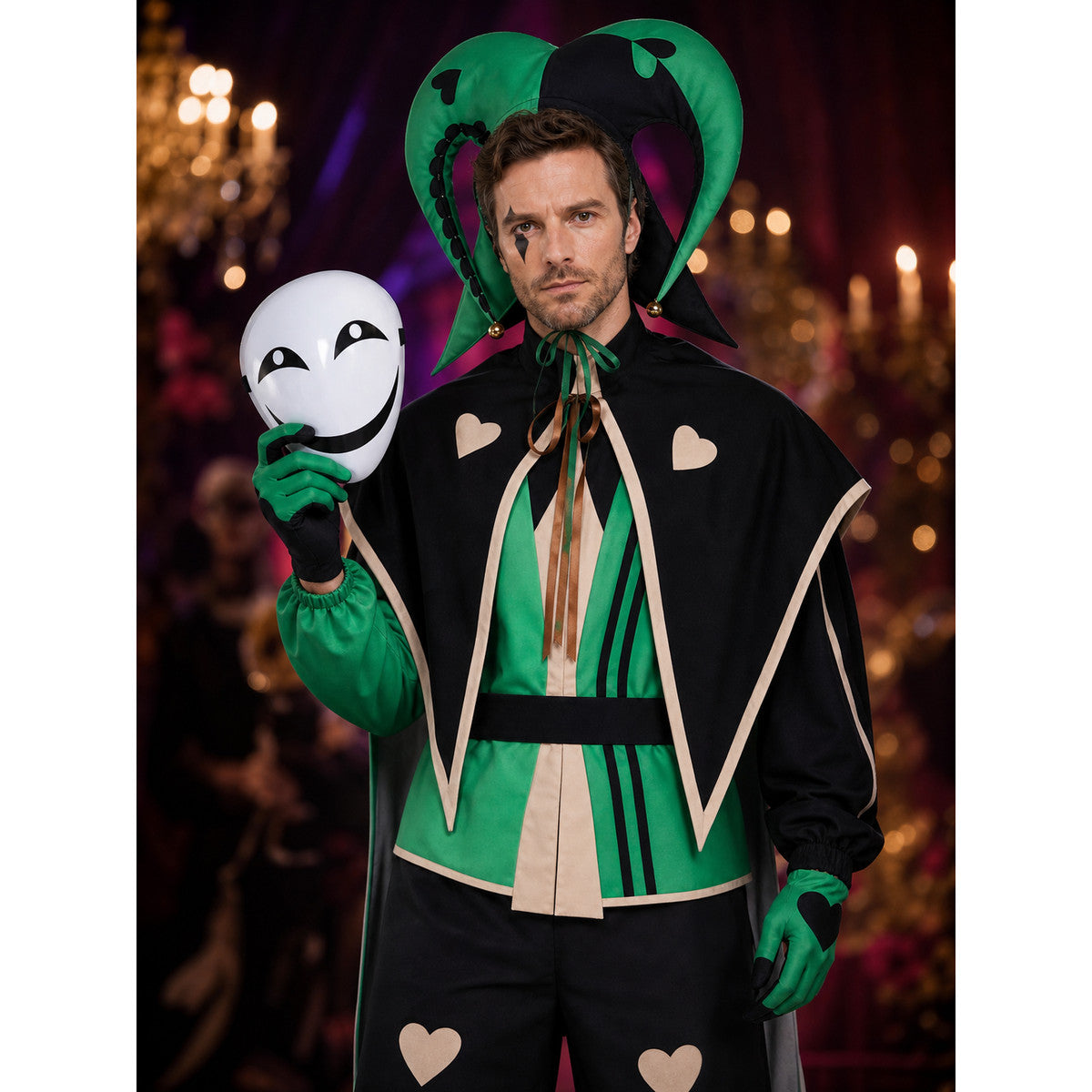 Theatrical jester-clown costume in a black-and-green style for cosplay. The set on-model view