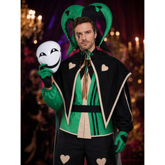 Theatrical jester-clown costume in a black-and-green style for cosplay. The set