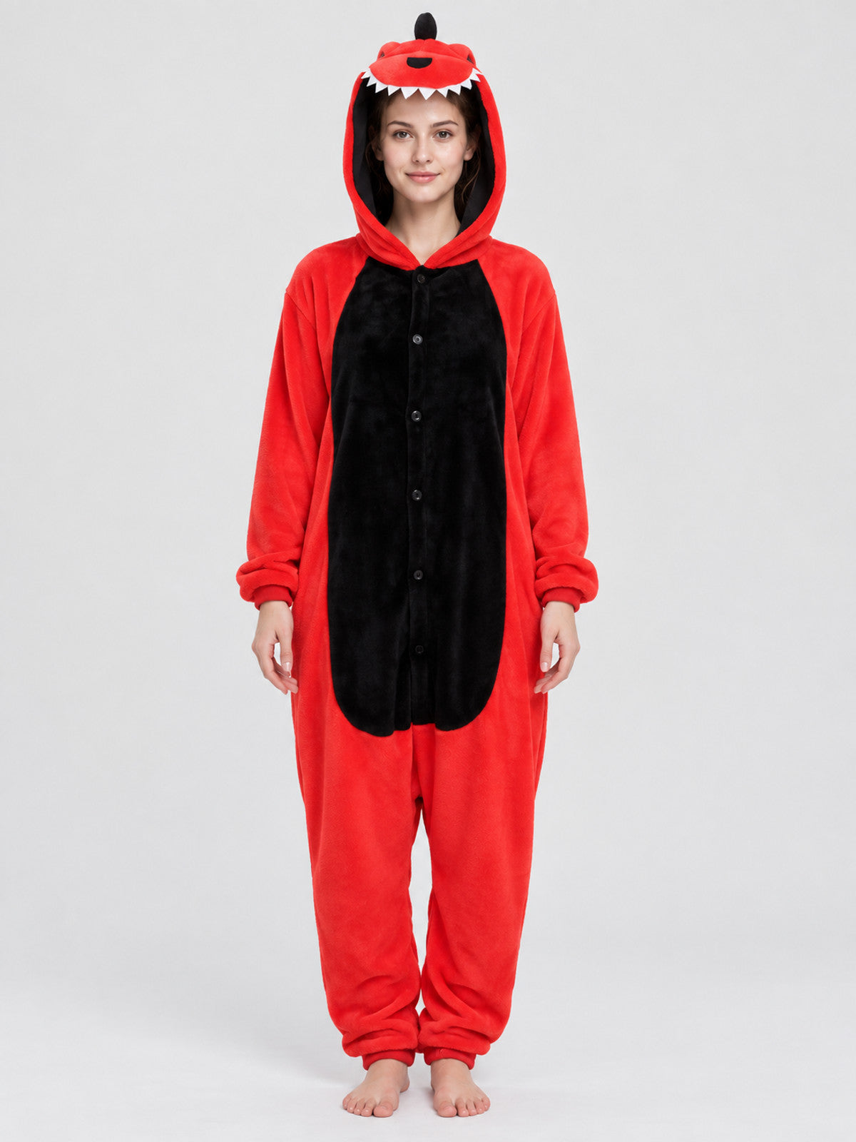 Red and black dragon onesie pajama with a voluminous hood
