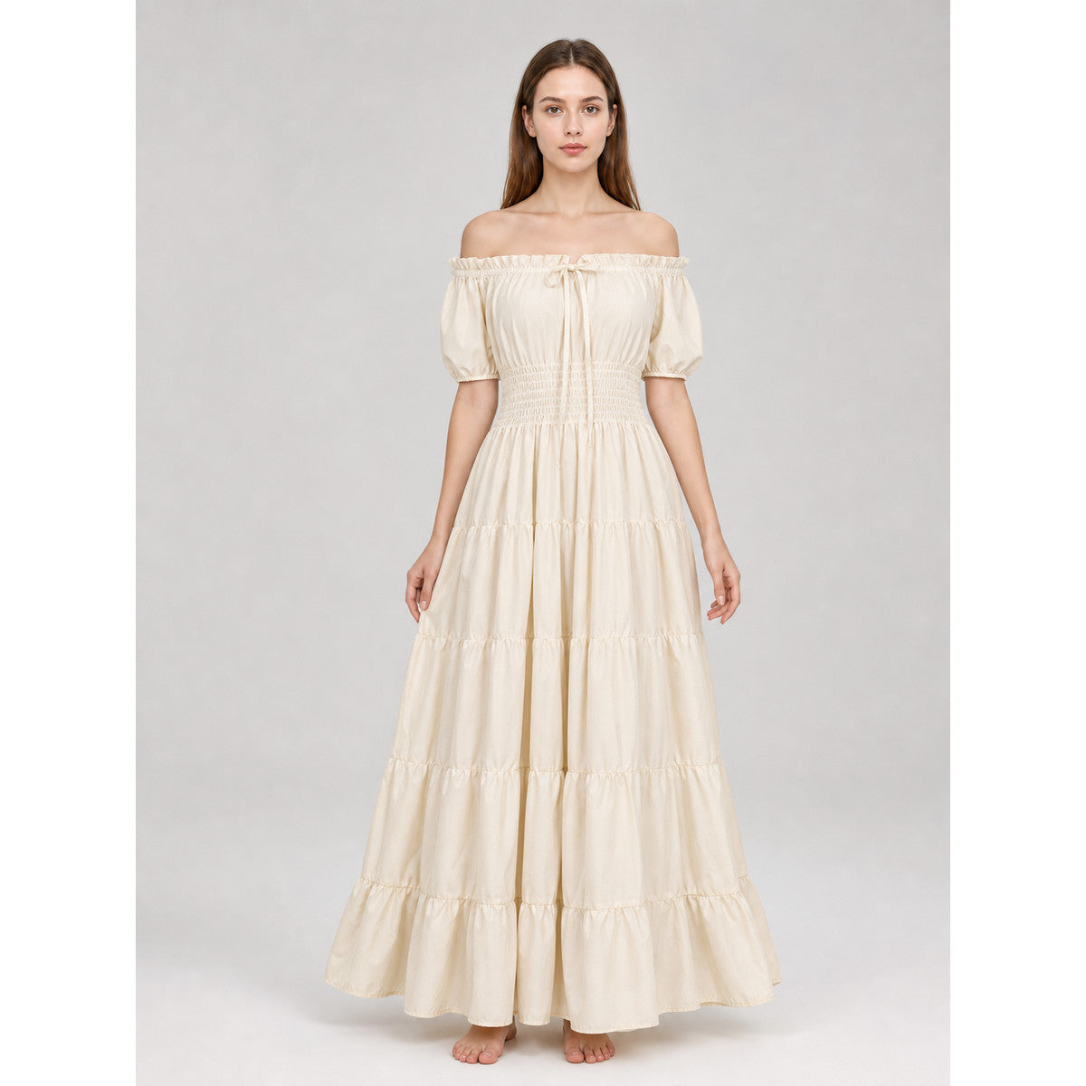 Long Medieval Tiered Off-the-Shoulder Dress