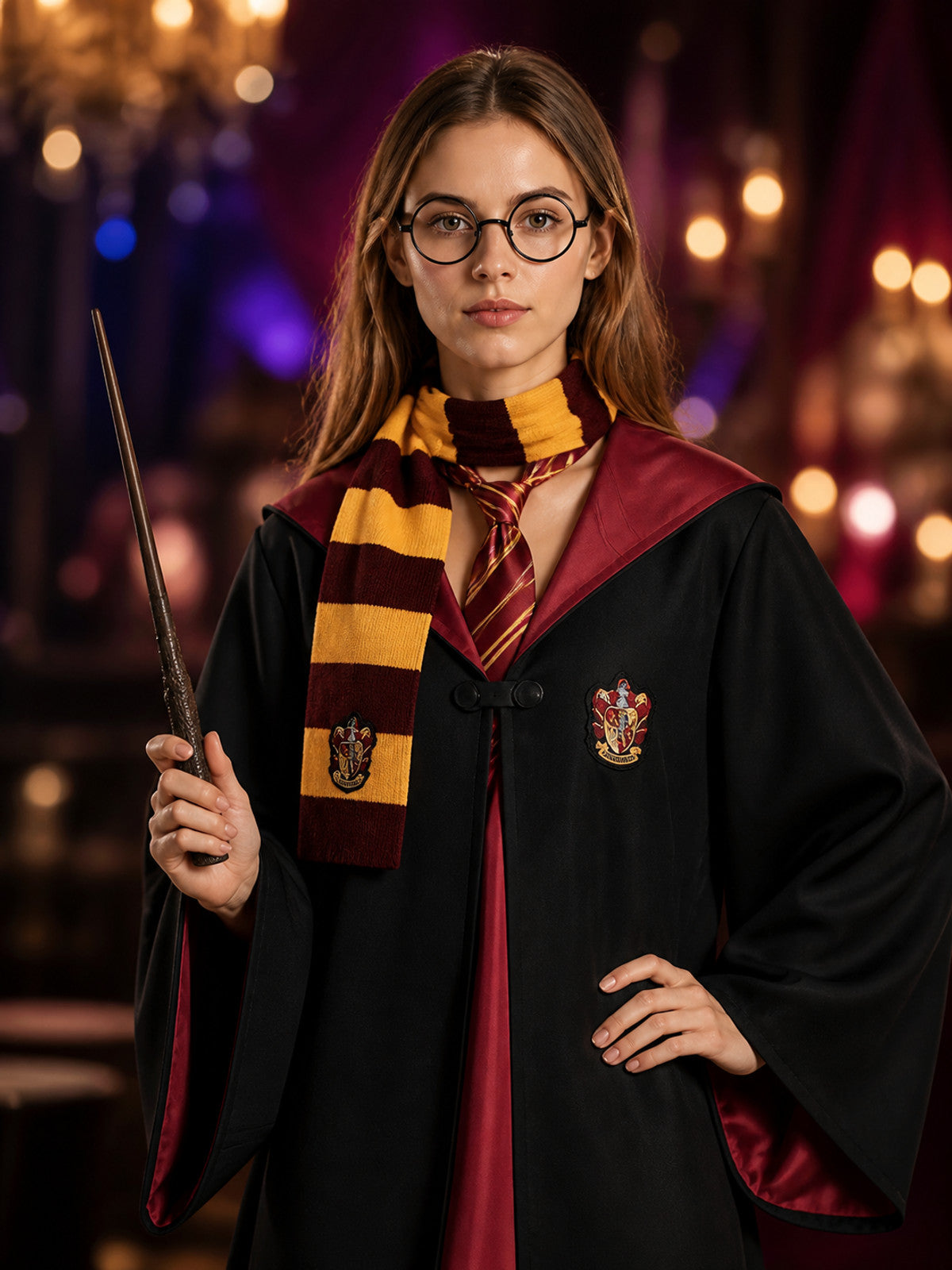 Academy-Style Wizard Robe Costume Set with Tie, Scarf, Wand and Glasses on-model view