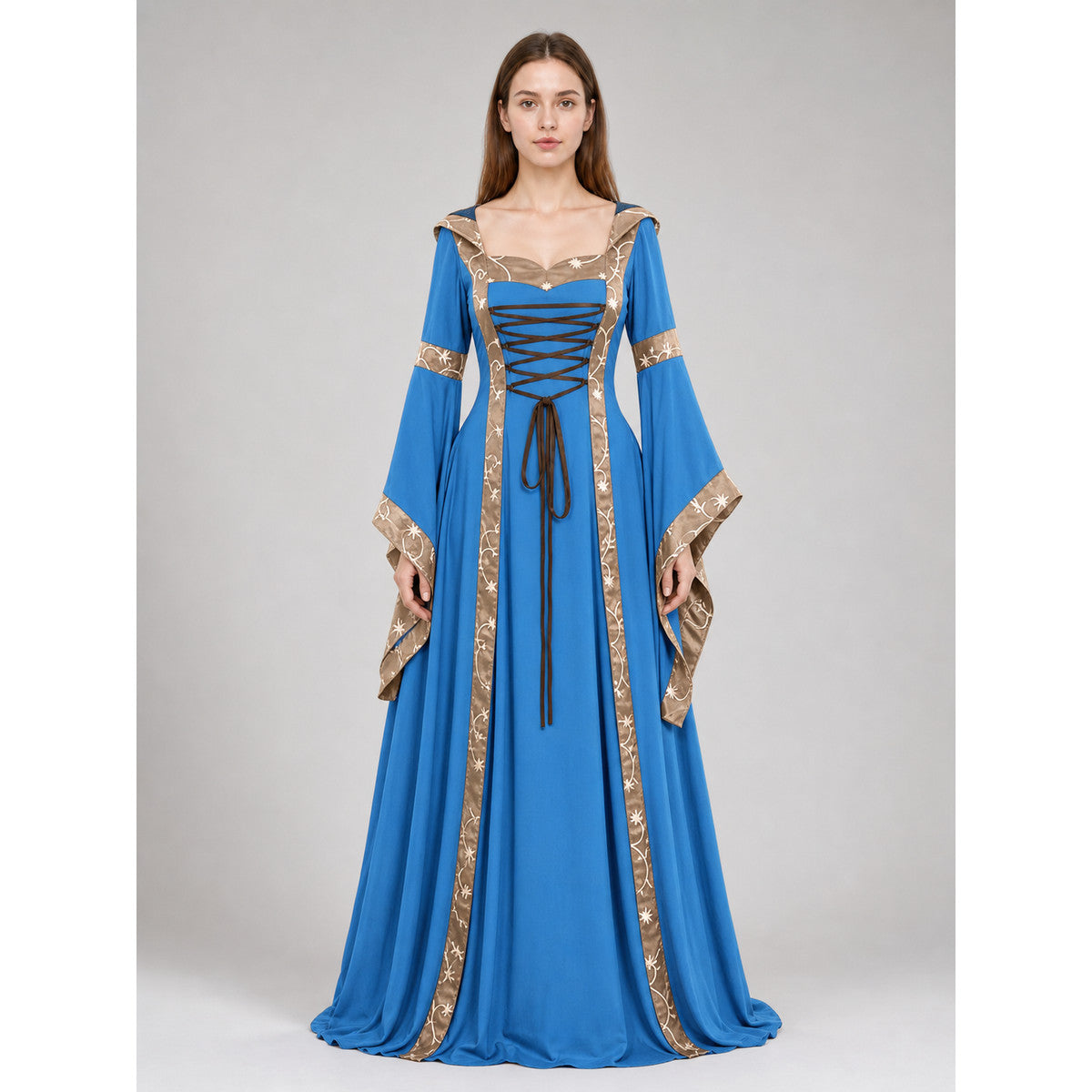 Medieval Hooded Dress with Lace-Up Detail