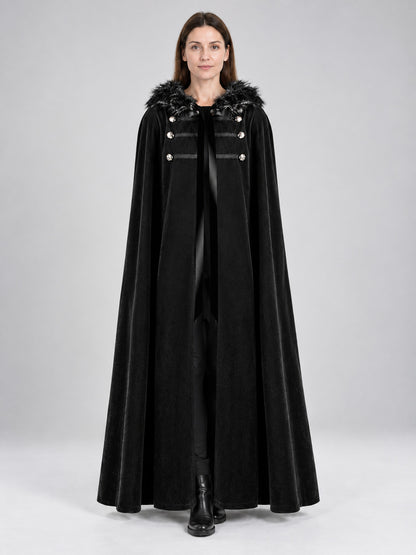Hooded Cape with Fur Trim, Black