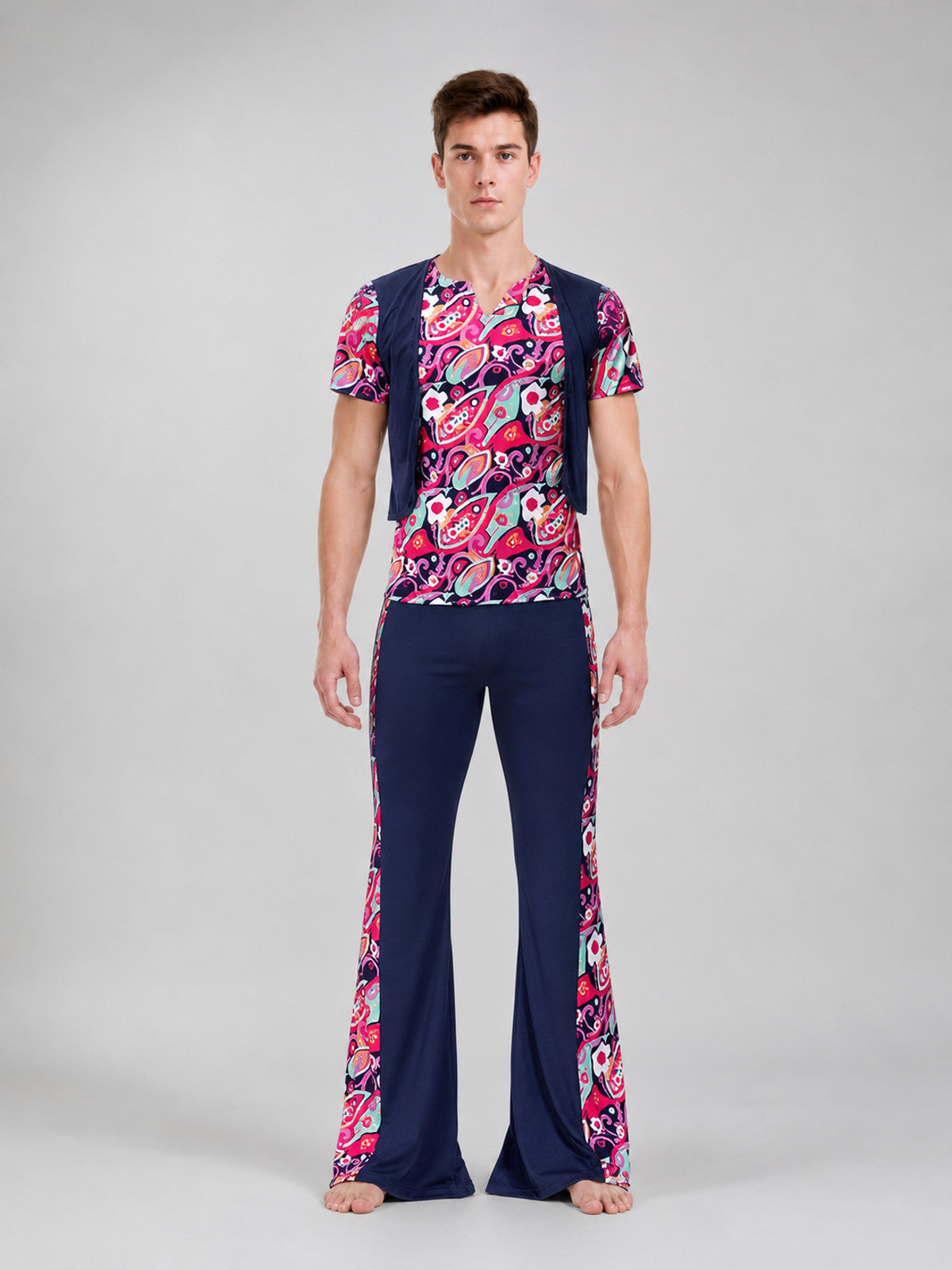 70s-Style Retro Costume with Shirt, Vest, and Pants front view