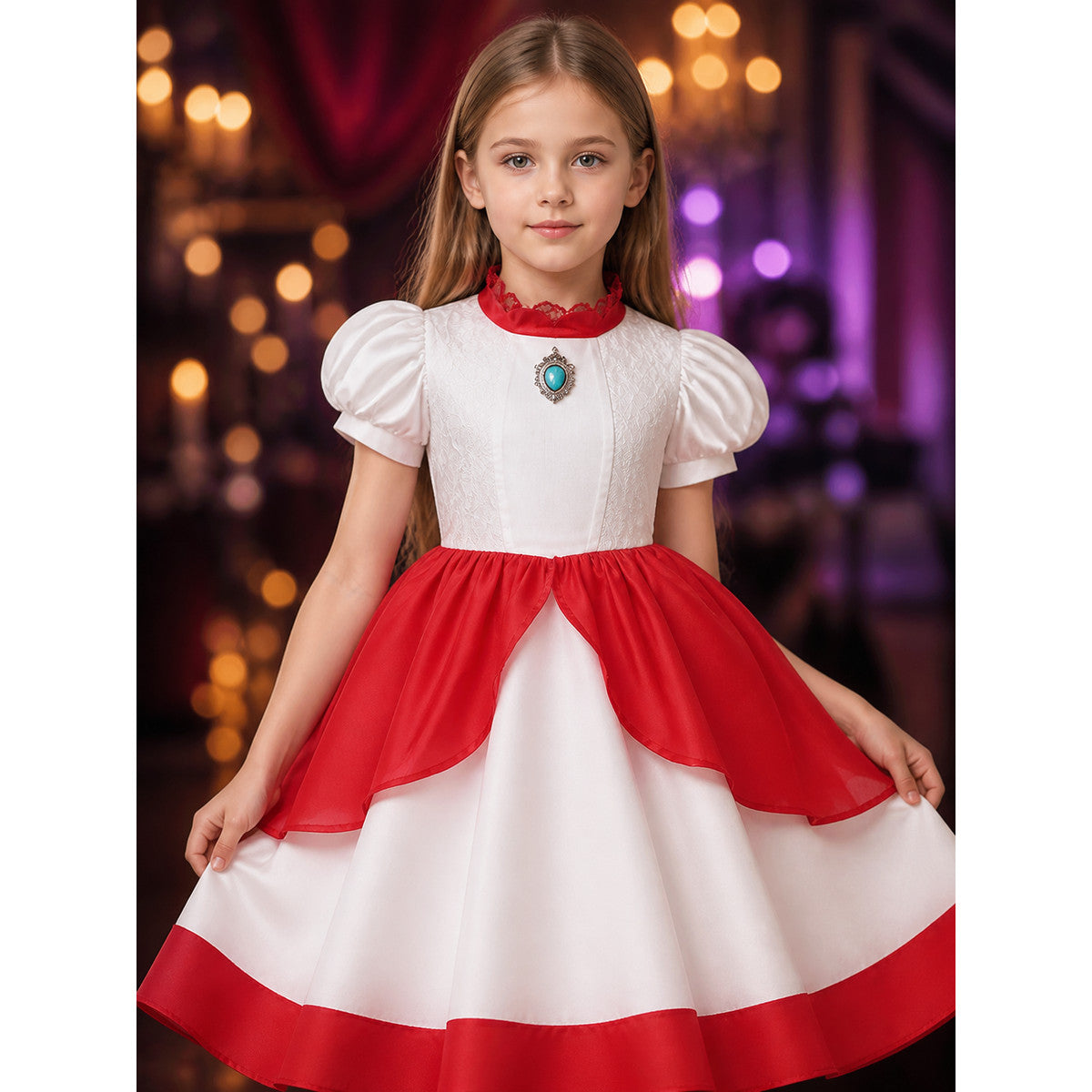 Girls Princess Costume Dress, White and Red Puff Sleeve Dress with Lace Collar on-model view