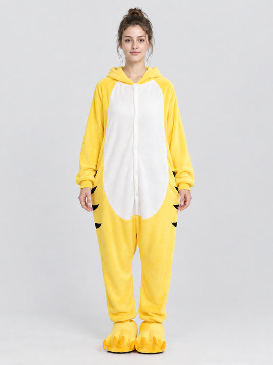 Yellow Plush Pajama Jumpsuit with Hood and Socks