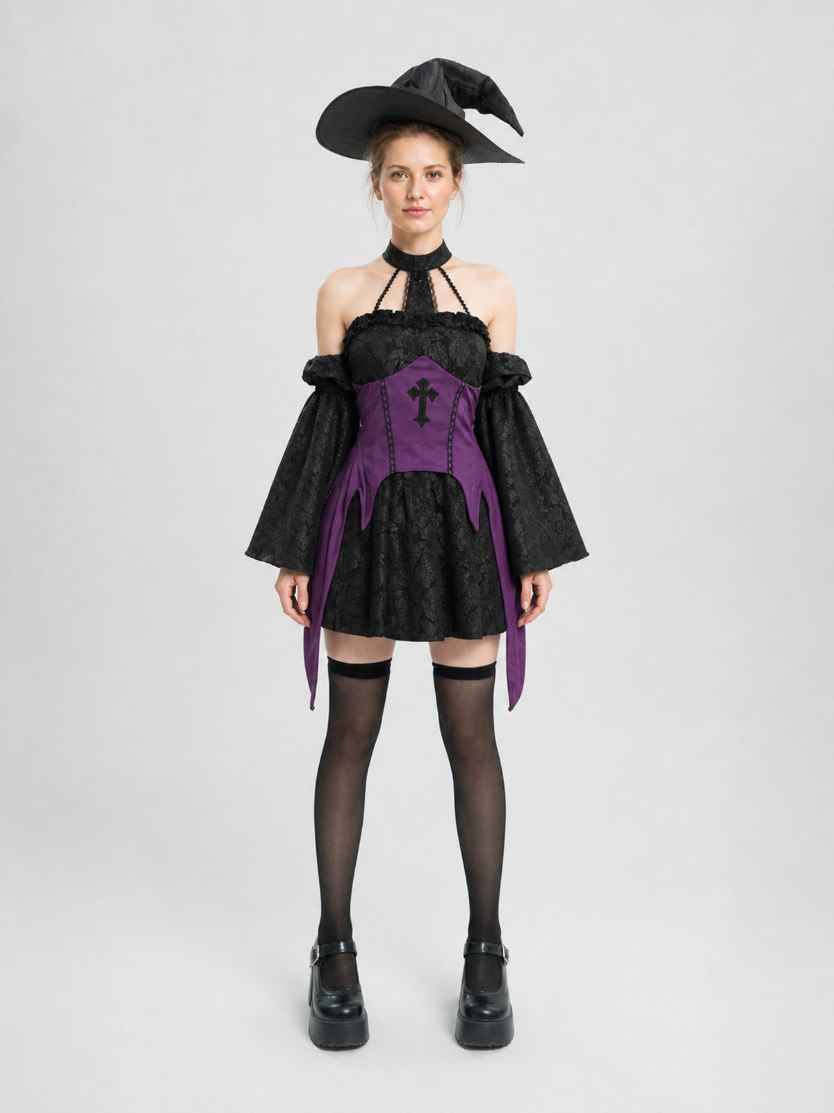 Black and Purple Witch Costume with Wide Sleeves on-model view