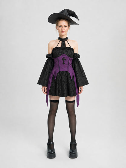 Black and Purple Witch Costume with Wide Sleeves on-model view