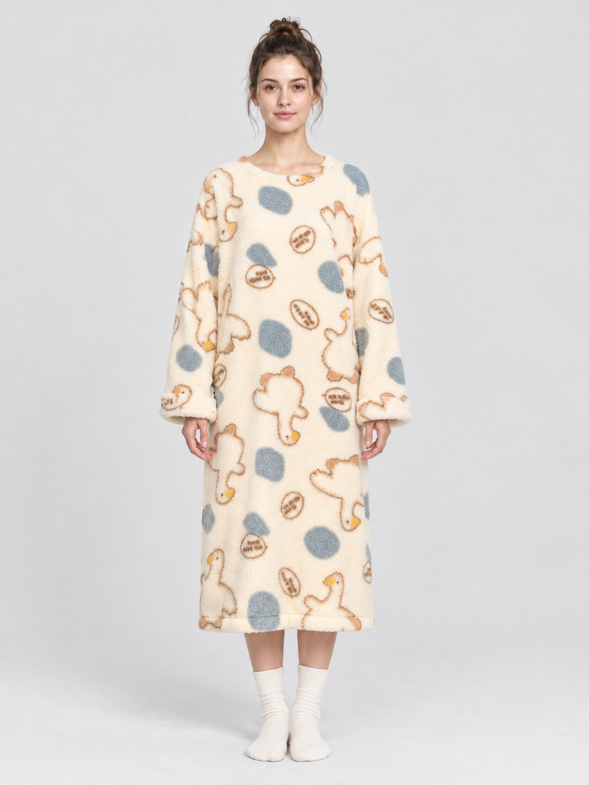 Long Loose Nightgown Cream Beige with Print