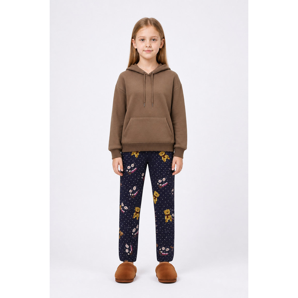 Hooded Pajama Set, Navy Polka-Dot Pants with a Bear main product view