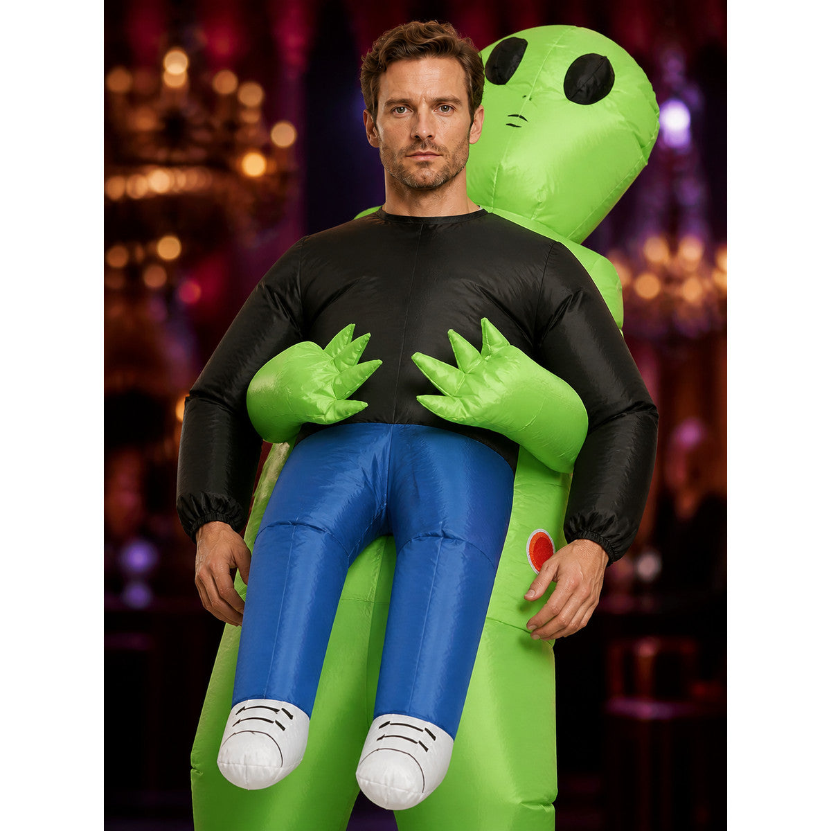 Green Inflatable Alien Costume for Halloween with Black Eyes and Red Markings on-model view