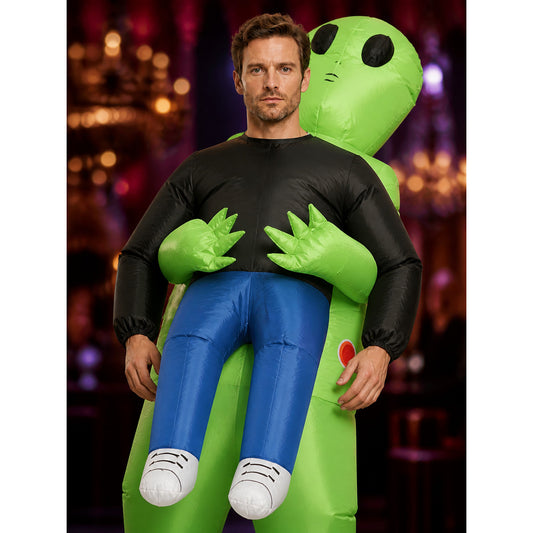 Green Inflatable Alien Costume for Halloween with Black Eyes and Red Markings on-model view