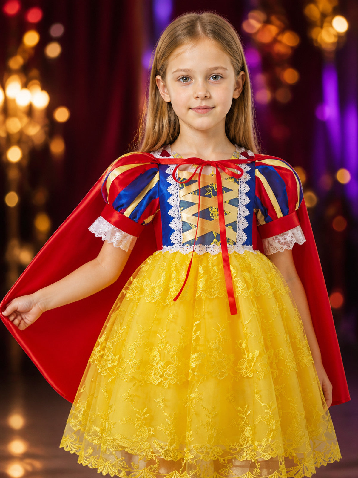Girls Princess Dress Costume Set With Cape, Lace and Yellow Tulle Skirt on-model view