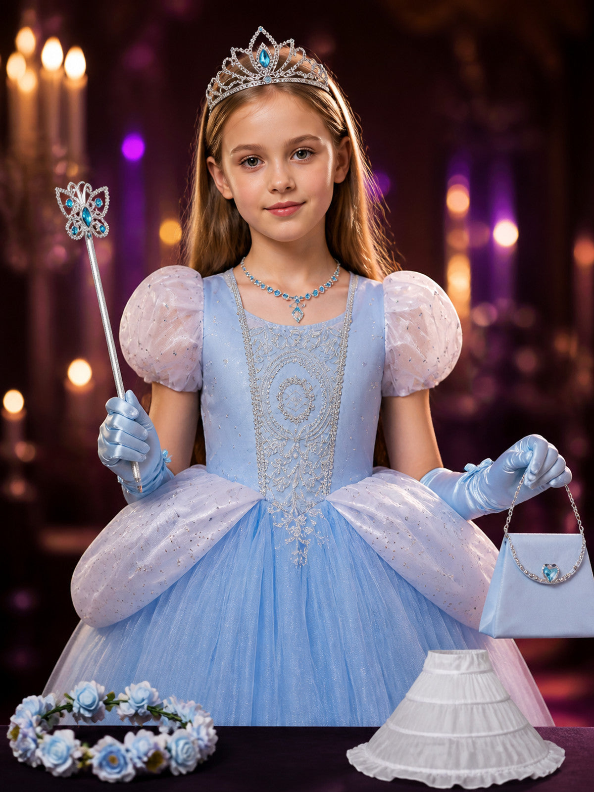 Girls Cinderella Princess Dress Costume - Light Blue Tulle Gown with Crown on-model view