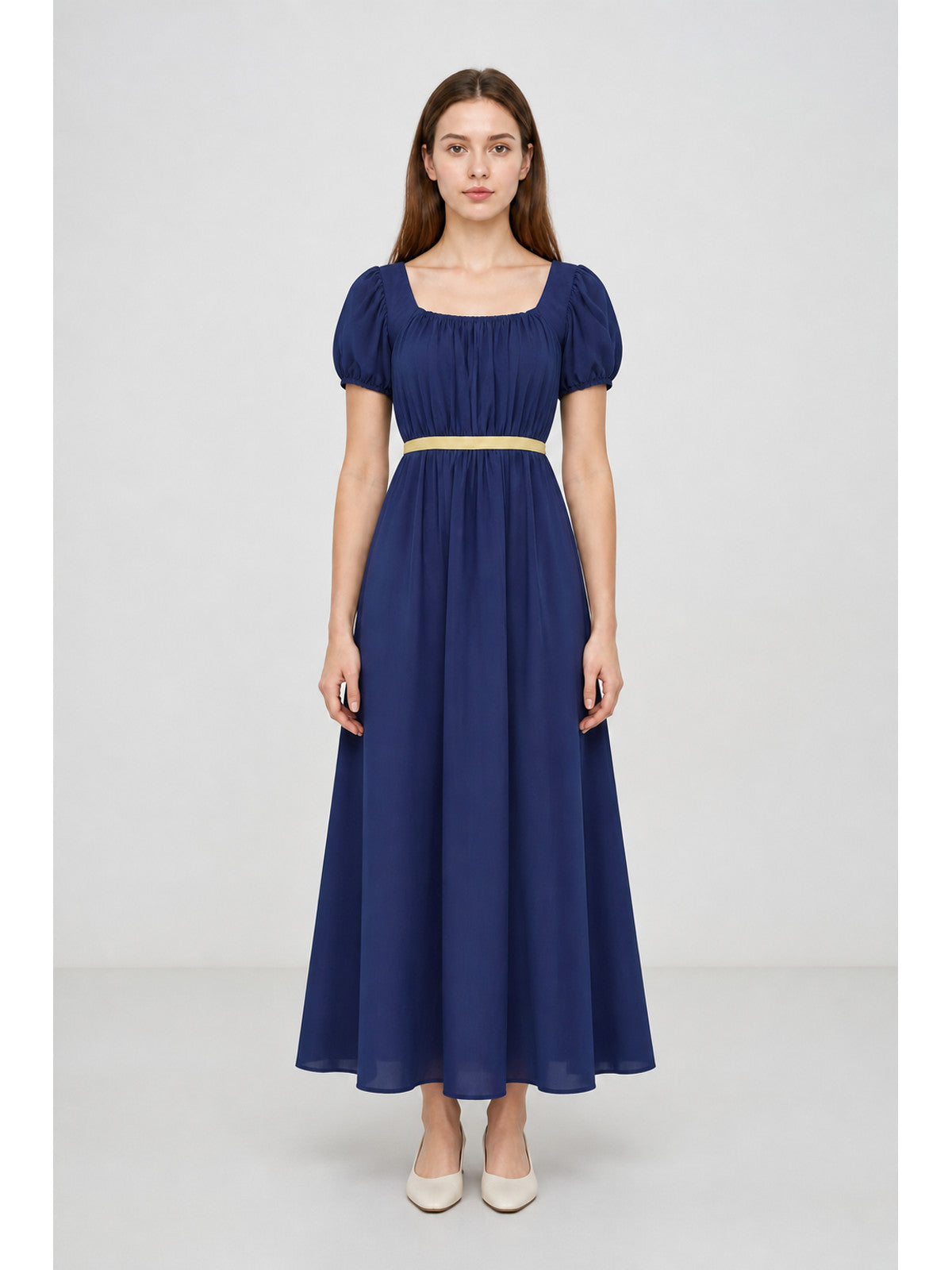 Long Blue Dress with Puff Sleeves and Ribbon main product view