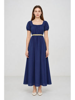 Long Blue Dress with Puff Sleeves and Ribbon