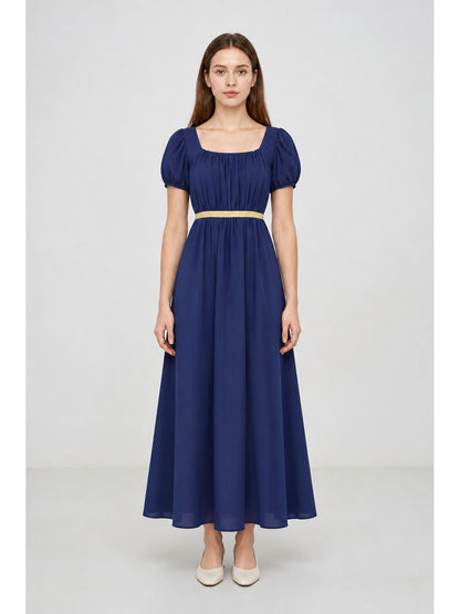 Long Blue Dress with Puff Sleeves and Ribbon main product view