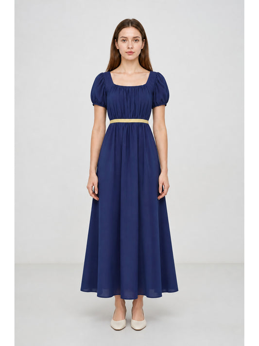 Long Blue Dress with Puff Sleeves and Ribbon main product view