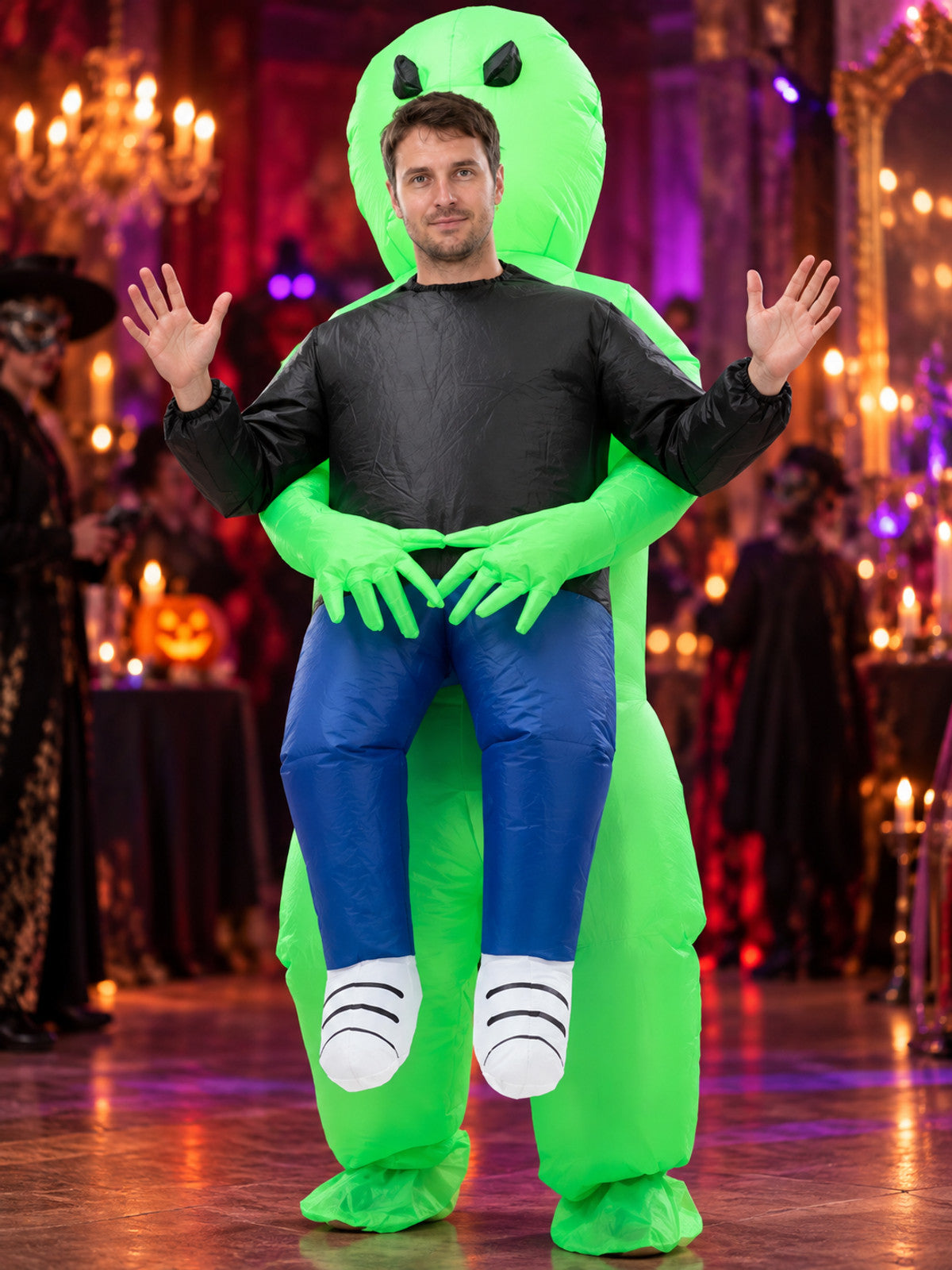 Green inflatable alien costume with black eyes