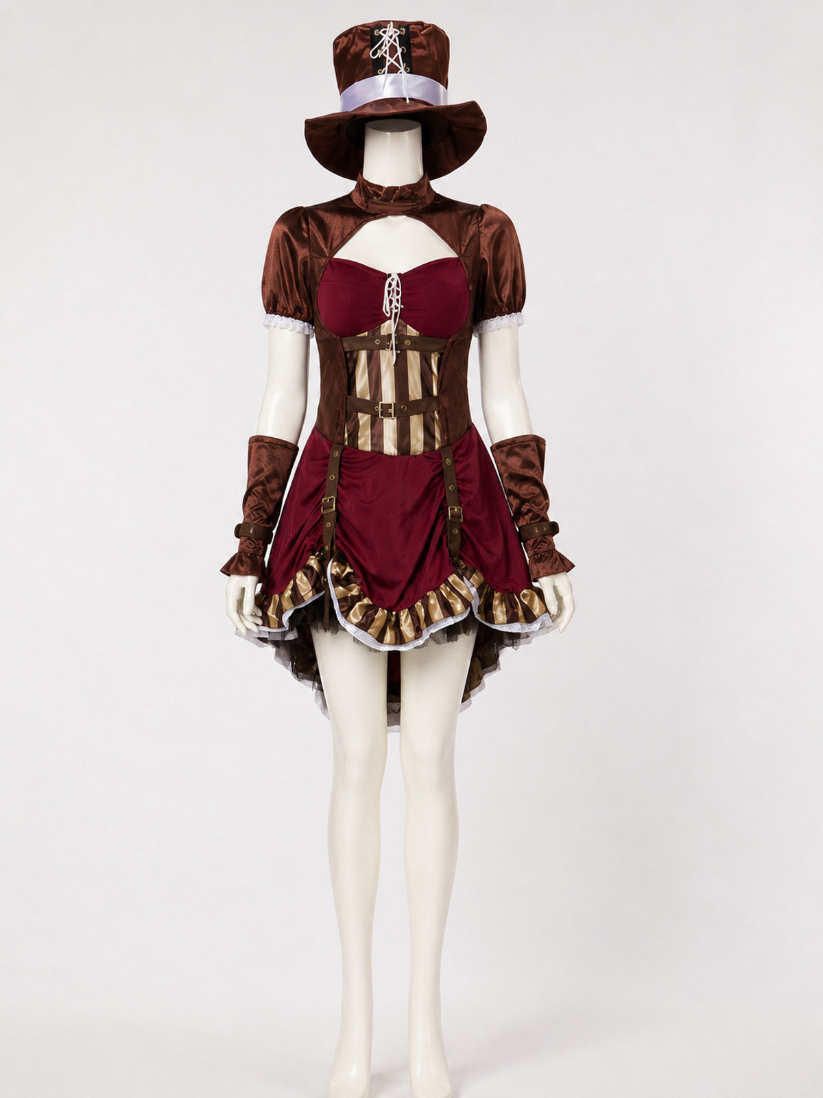 Pirate Costume Set With Dress, Hat And Sleeves, Burgundy And Brown on-model view